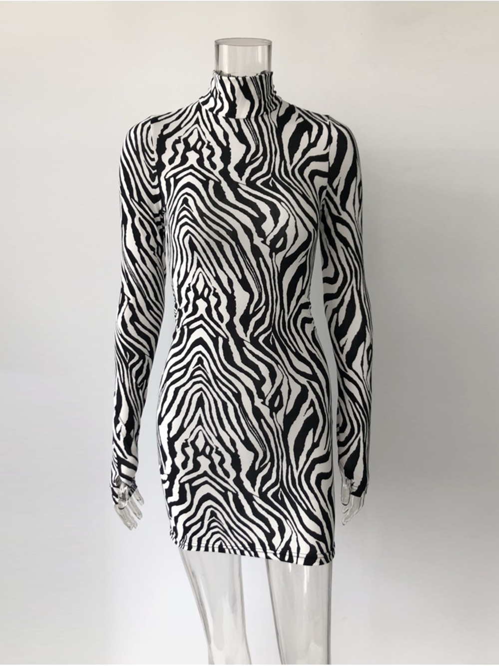 Zebra Print Turtleneck Long Sleeve Dress - Black & White